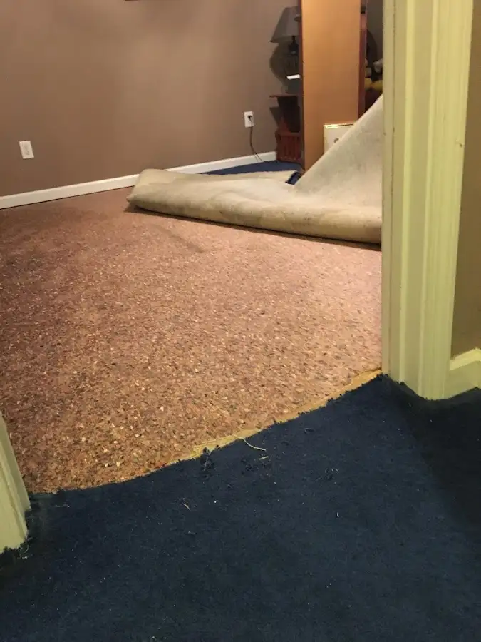 Carpet pad removal revealing water damage during Water Mitigation Services in Fort Thomas